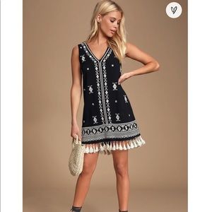 Lulu’s Oriana Black Embroidered Tasseled Shift Dress